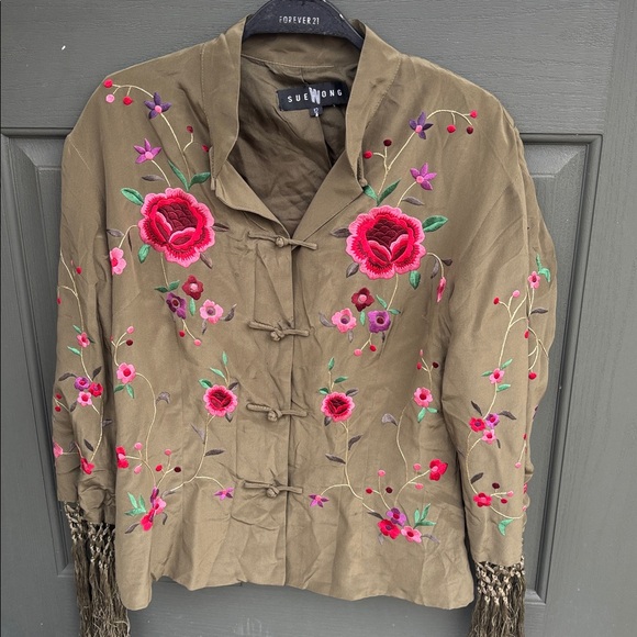 Sue Wong Tops - Sue Wong Y2K Floral Career  Blouse Colorful Silk Tassel Top Embroidered Japan